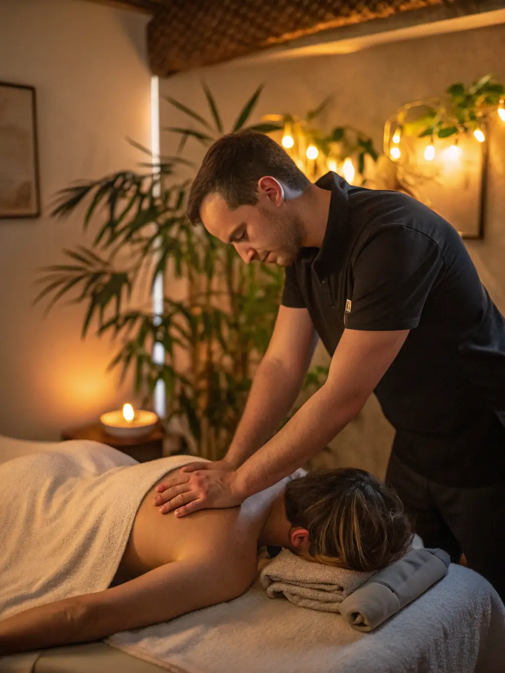 A serene image depicting a person receiving a Klassische Massage, focusing on relaxation and muscle relief in a calming spa environment.