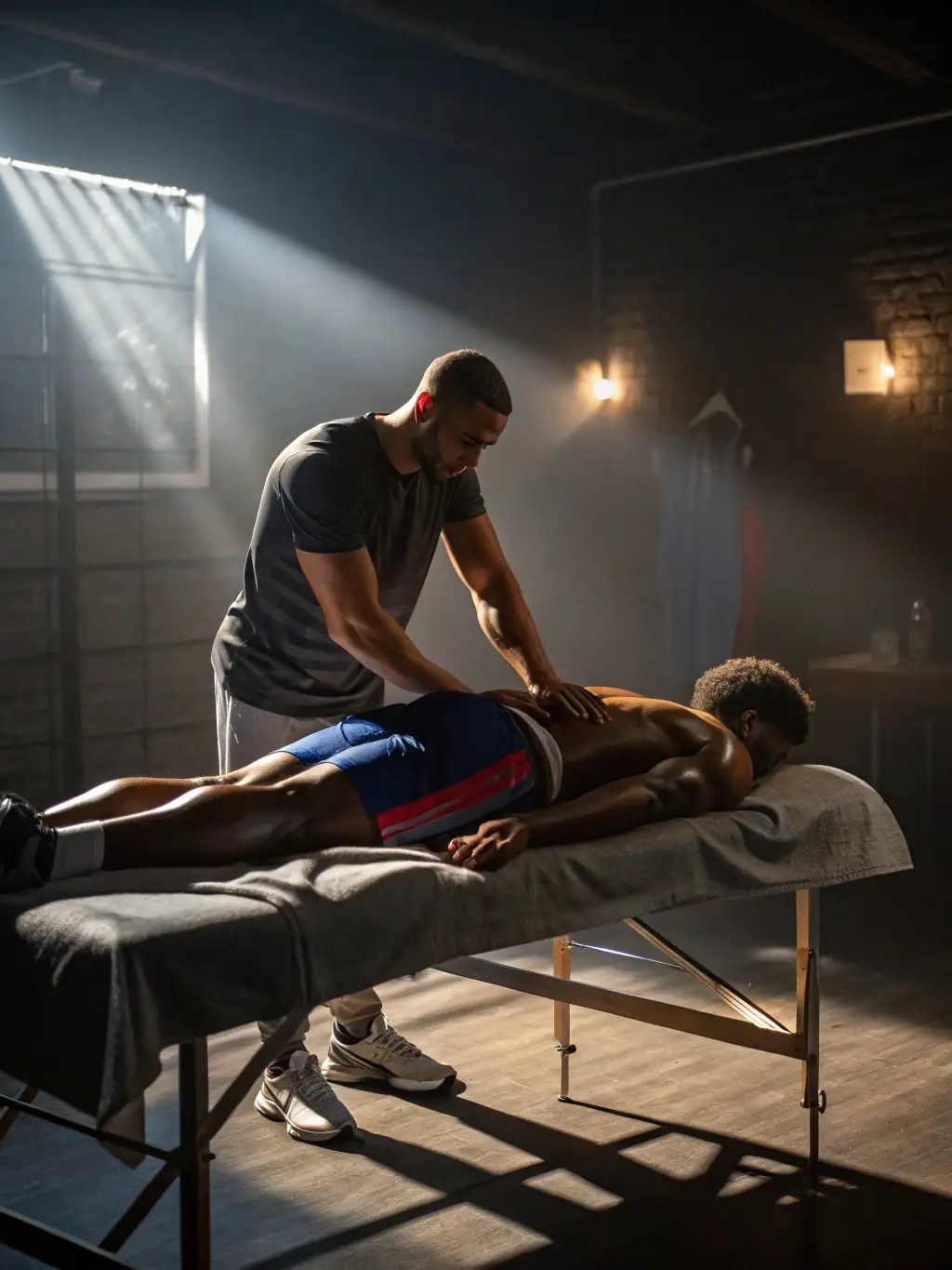 An image showing a sports massage session, highlighting muscle recovery and injury prevention techniques for athletes.