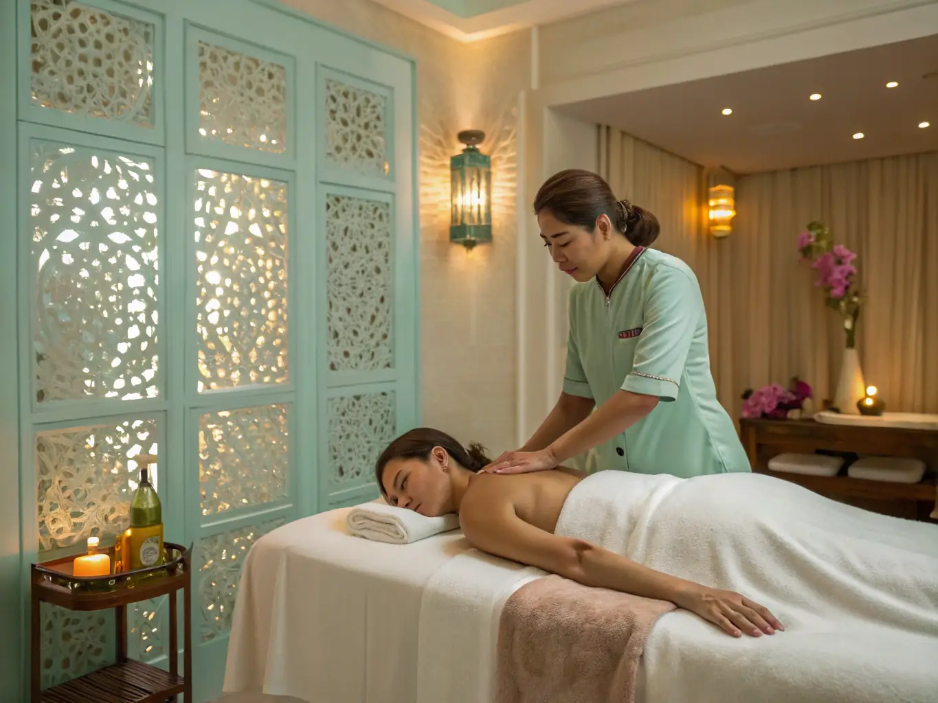 A calming image of a client receiving a wellness massage in a softly lit room at HeilLinz, with aromatherapy diffusers and soothing music in the background.