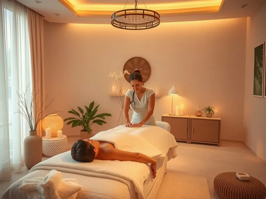 A serene image of a massage therapist performing a classic massage on a client in a dimly lit, relaxing room at HeilLinz, focusing on the client's relaxed expression.