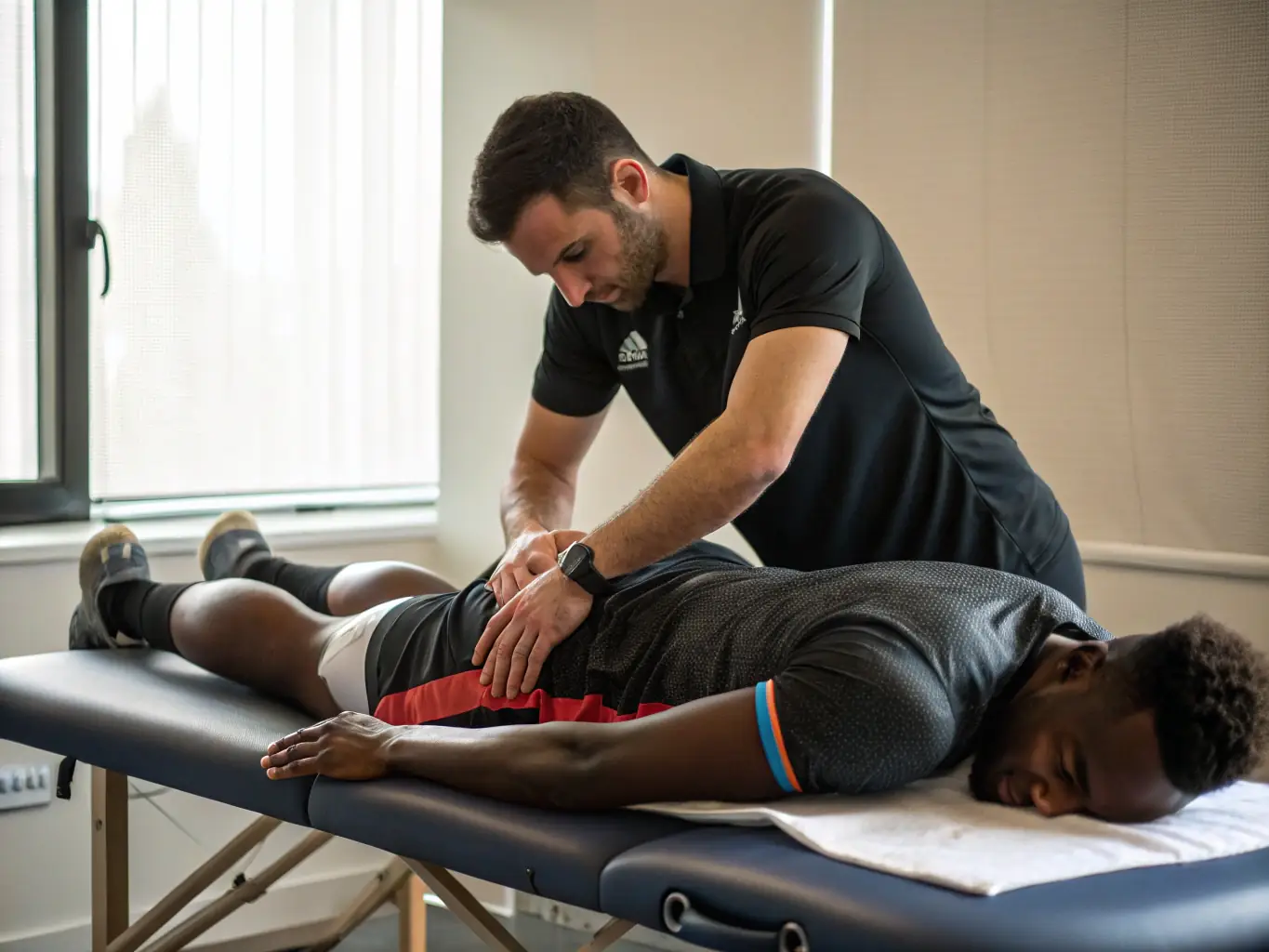 An action shot of a massage therapist working on the muscles of an athlete during a sportmassage session at HeilLinz, highlighting the intensity and focus of the treatment.