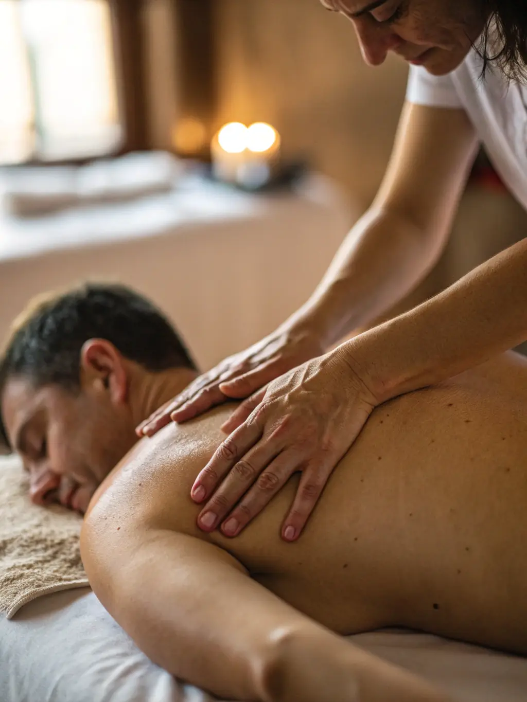 A close-up shot of hands gently massaging a client's back, showcasing the therapeutic touch and personalized care provided at HeilLinz.