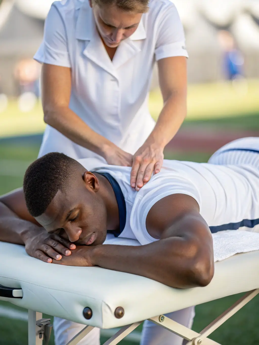 An action shot of a sports massage being performed on an athlete, highlighting muscle recovery and injury prevention.